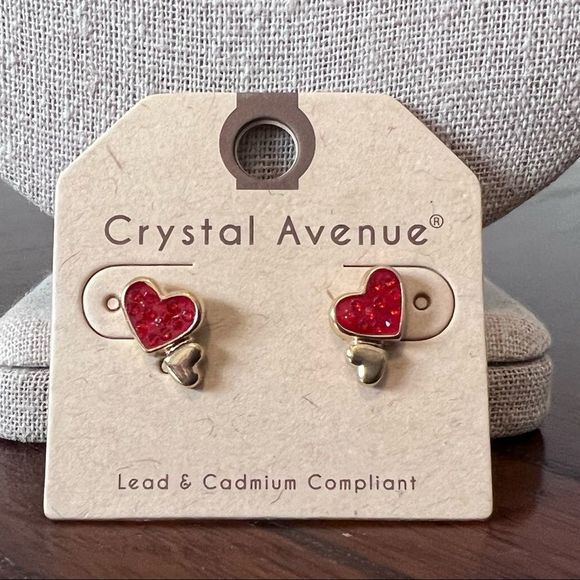 Twin Heart Red Rhinestone Earrings - Picture 3 of 6